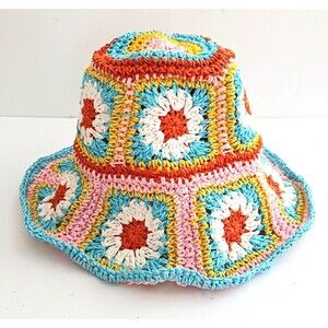NEW Crochet Straw Bucket Hat Aqua/White/Orange/Pink Granny Squares Wire Brim O/S